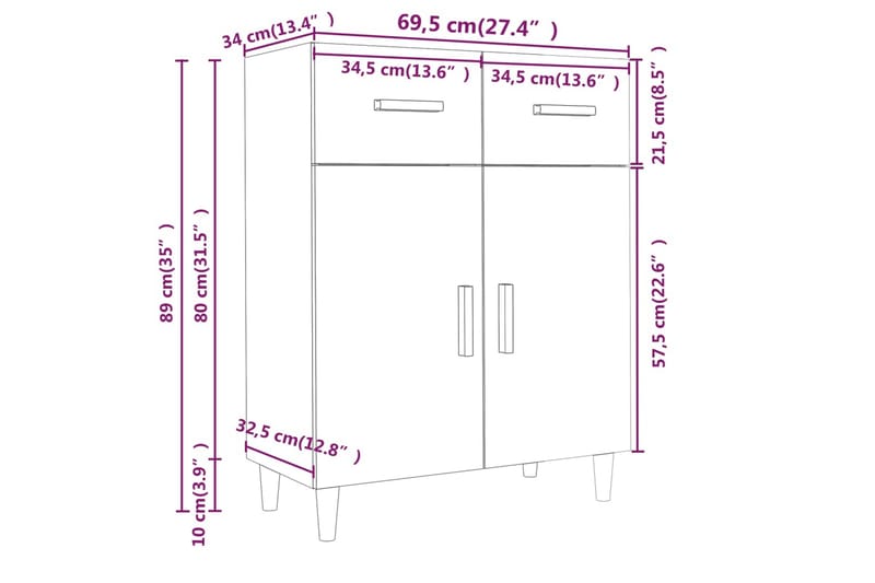beBasic Skänkskåp vit högglans 69,5x34x89 cm konstruerat trä - White - Sideboard & skänk