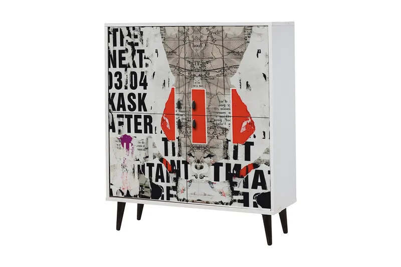 Byrå 95x111 cm, Vit/Svart/Röd