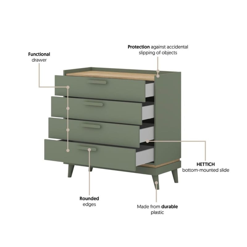 Byrå Scandi med 4 lådor - Dämpad grön - Oljad ek - Förvaring - Förvaringsmöbler - Byrå