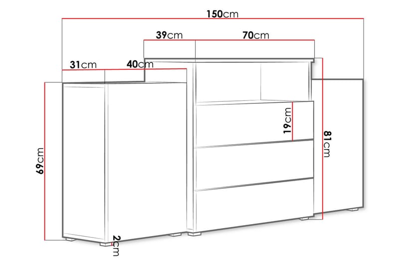 Byrå Turowo 39x150 cm LED - Vit/Natur - Förvaring - Förvaringsmöbler - Byrå