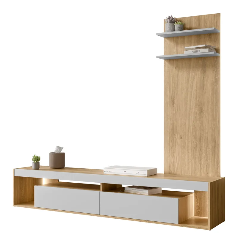 Fiorea Möbelset - Tv-bänk 200 cm + Vägghylla 138 cm - brun och grå - Förvaring - Förvaringsmöbler - Möbelset för vardagsrum