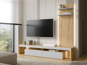 Fiorea Möbelset - Tv-bänk 200 cm + Vägghylla 138 cm - brun och grå - Förvaring - Förvaringsmöbler - Möbelset för vardagsrum