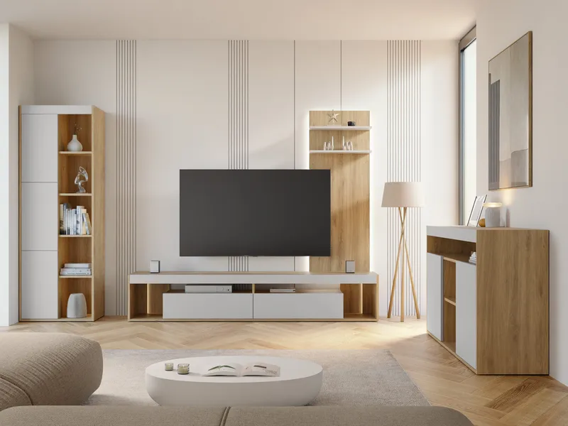 Fiorea Möbelset - Tv-bänk 200 cm + Vägghylla 138 cm +  Skänk 151 cm + Vitrinskåp 60 cm - brun och grå - Förvaring - Förvaringsmöbler - Möbelset för vardagsrum