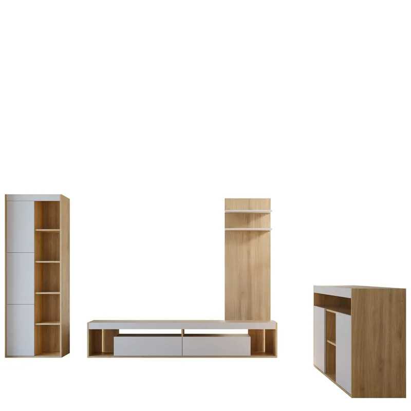 Fiorea Möbelset - Tv-bänk 200 cm + Vägghylla 138 cm +  Skänk 151 cm + Vitrinskåp 60 cm - brun och grå - Förvaring - Förvaringsmöbler - Möbelset för vardagsrum