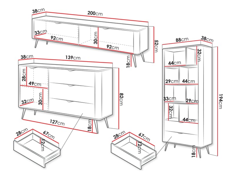 Forba Möbelset vardagsrum - tv-bänk, bokhylla och skänk - vit - Förvaring - Förvaringsmöbler - Möbelset för vardagsrum