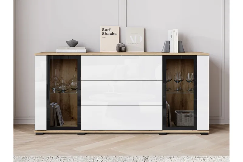 Gamal Skänk 150x40 cm i Mörkt Trä med Glasdörrar - Brun|Vit - Förvaring - Förvaringsmöbler - Sideboard & skänk