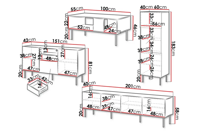 Hammarstrand TV Möbelset Vardagsrum - Valnöt / Svart / Ribbad Trä - Förvaring - Förvaringsmöbler - Möbelset för vardagsrum
