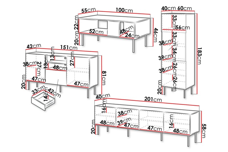 Hammarstrand TV Möbelset Vardagsrum - Valnöt / Svart / Ribbad Trä - Förvaring - Förvaringsmöbler - Möbelset för vardagsrum