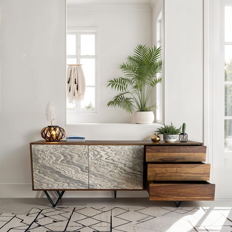 Jesvik Skänk 175x71x40 cm i massivt sheeshamträ med fronter i stenlook - vit och naturligt trä - Förvaring - Förvaringsmöbler - Sideboard & skänk