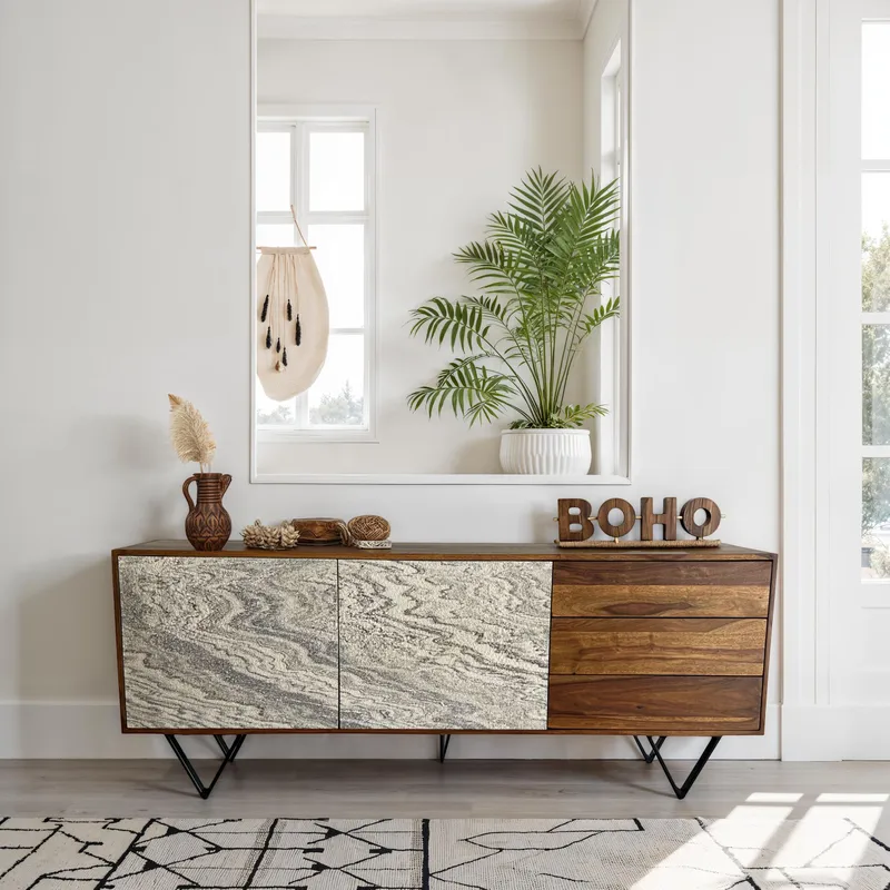 Jesvik Skänk 175x71x40 cm i massivt sheeshamträ med fronter i stenlook - vit och naturligt trä - Förvaring - Förvaringsmöbler - Sideboard & skänk