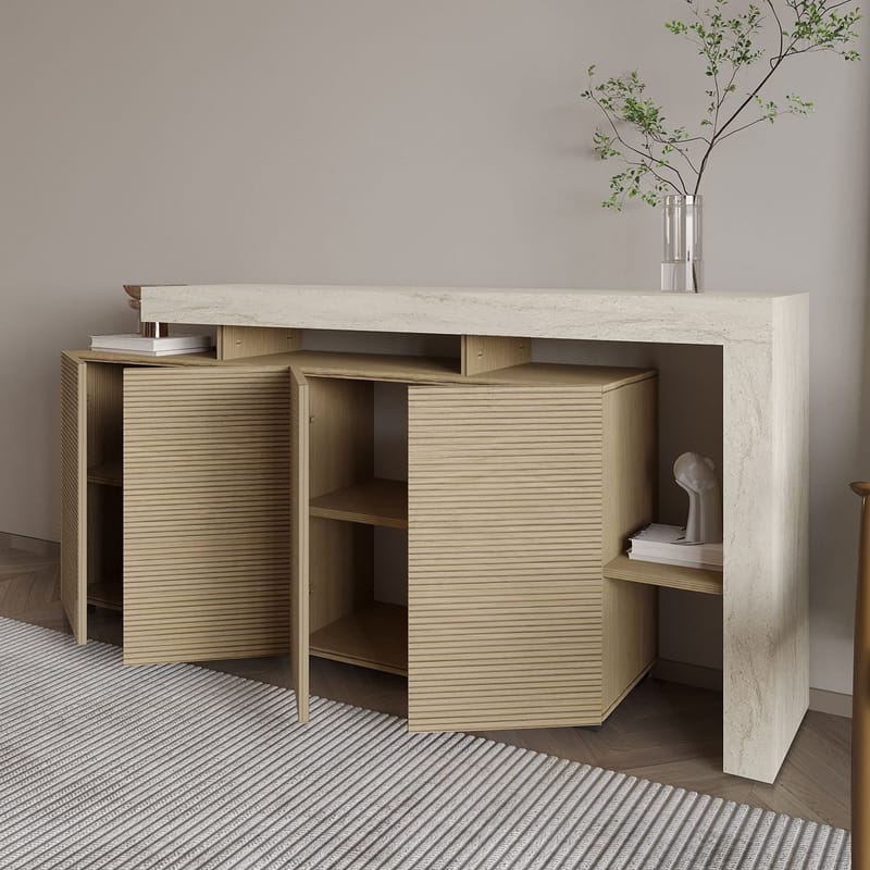 Jurukovo Konsol 170x80x35 cm - Travertin och varm ek - Förvaring - Förvaringsmöbler - Sideboard & skänk