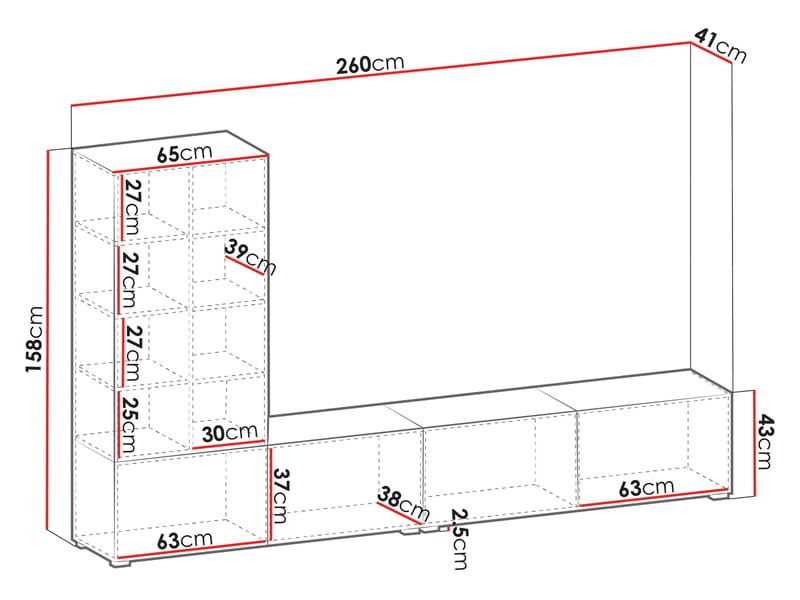 Klinkerville möbelset ribbad TV bänk vitrinskåp med LED belysning vägghängd - golvstående 260 cm - Valnöt brun - Förvaring - Förvaringsmöbler - Möbelset för vardagsrum