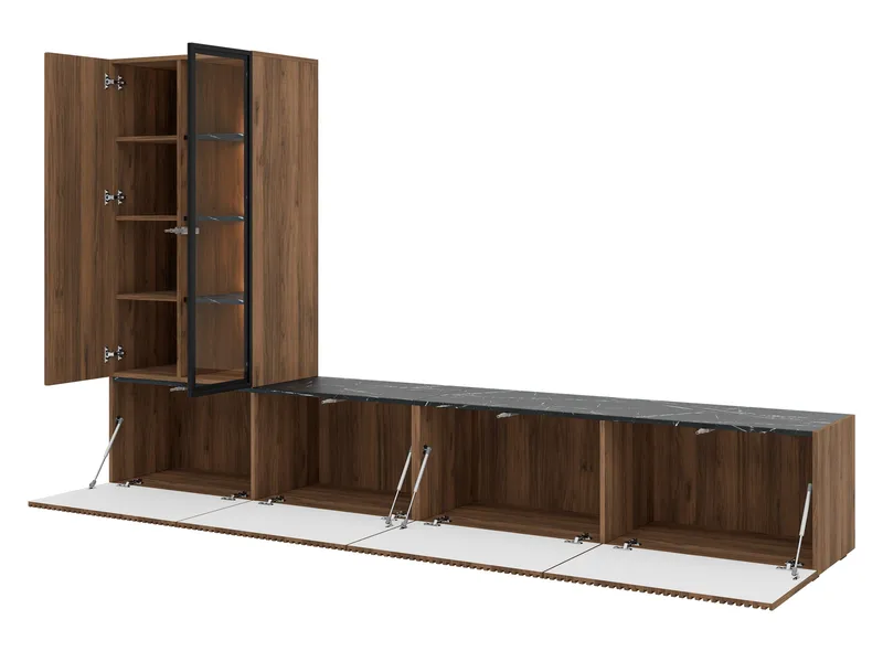 Klinkerville möbelset ribbad TV bänk vitrinskåp med LED belysning vägghängd - golvstående 260 cm - Valnöt brun - Förvaring - Förvaringsmöbler - Möbelset för vardagsrum