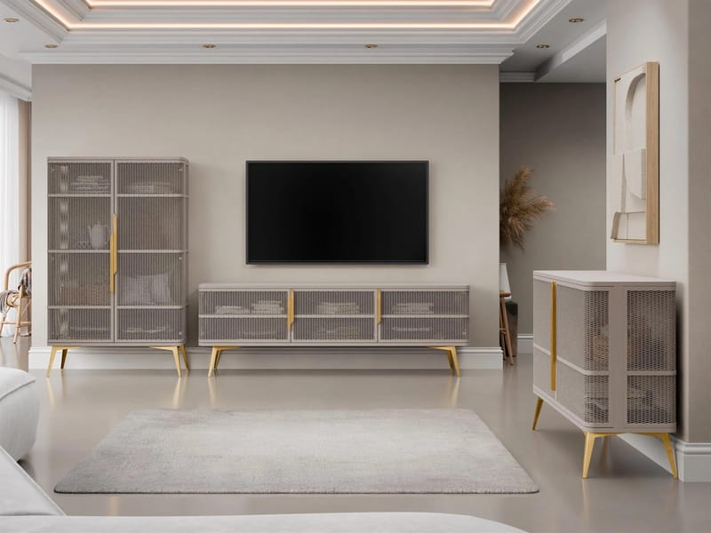 Mireva Möbelset vardagsrum - Tv-bänk, vitrinskåp och skänk, beige, guld