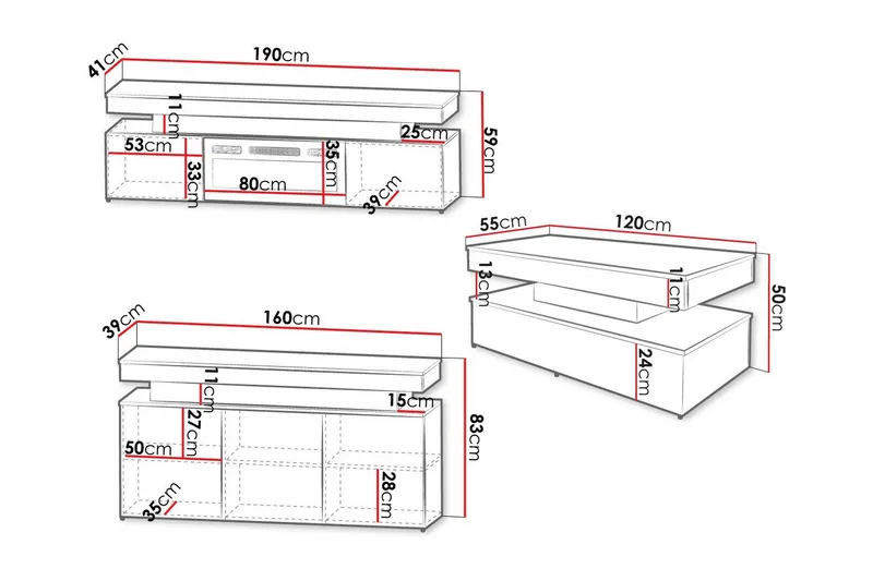 Glenndale Möbelset Vardagsrum med Belysning - Svart - Förvaring - Förvaringsmöbler - Möbelset för vardagsrum