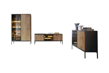 Klinkerville Möbelset Vardagsrum med Belysning TV-bänk vitrin - Svart Trä / Brun / Ribbad / Glas - Förvaring - Förvaringsmöbler - Möbelset för vardagsrum