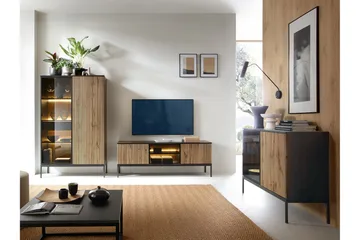 Klinkerville Möbelset Vardagsrum med Belysning TV-bänk vitrin - Svart Trä / Brun / Ribbad / Glas - Förvaring - Förvaringsmöbler - Möbelset för vardagsrum