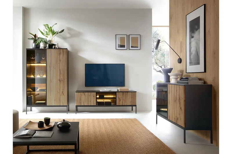 Klinkerville Möbelset Vardagsrum med Belysning TV-bänk vitrin - Svart Trä / Brun / Ribbad / Glas - Förvaring - Förvaringsmöbler - Möbelset för vardagsrum