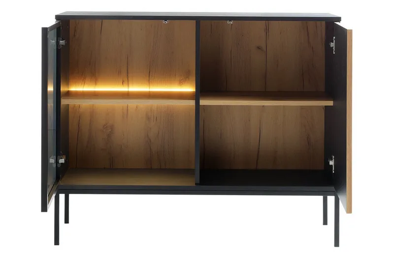 Klinkerville Möbelset Vardagsrum med Belysning TV-bänk vitrin - Svart Trä / Brun / Ribbad / Glas - Förvaring - Förvaringsmöbler - Möbelset för vardagsrum