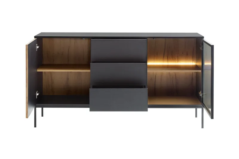 Klinkerville Möbelset Vardagsrum med Belysning TV-bänk vitrin - Svart Trä / Brun / Ribbad / Glas - Förvaring - Förvaringsmöbler - Möbelset för vardagsrum