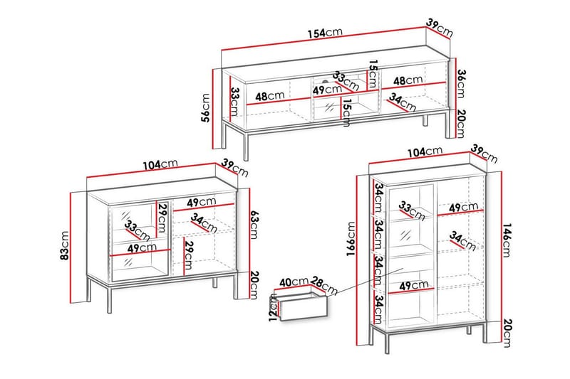 Klinkerville Möbelset Vardagsrum med Belysning TV-bänk vitrin - Svart Trä / Brun / Ribbad / Glas - Förvaring - Förvaringsmöbler - Möbelset för vardagsrum