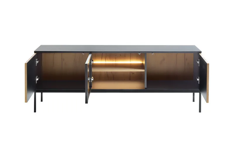 Klinkerville Möbelset Vardagsrum med Belysning TV-bänk vitrin - Svart Trä / Brun / Ribbad / Glas - Förvaring - Förvaringsmöbler - Möbelset för vardagsrum