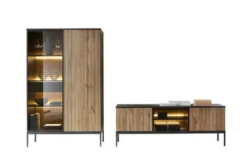 Klinkerville Möbelset Vardagsrum - Tv bänk & Vitrinskåp med Belysning - Svart Trä / Brun / Ribbad / Glas - Förvaring - Förvaringsmöbler - Möbelset för vardagsrum