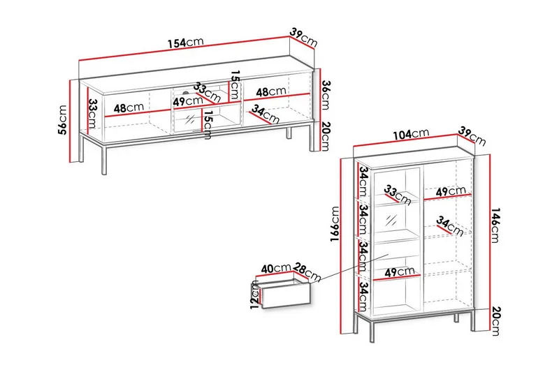 Klinkerville Möbelset Vardagsrum - Tv bänk & Vitrinskåp med Belysning - Svart Trä / Brun / Ribbad / Glas - Förvaring - Förvaringsmöbler - Möbelset för vardagsrum