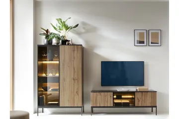 Klinkerville Möbelset Vardagsrum - Tv bänk & Vitrinskåp med Belysning - Svart Trä / Brun / Ribbad / Glas - Förvaring - Förvaringsmöbler - Möbelset för vardagsrum