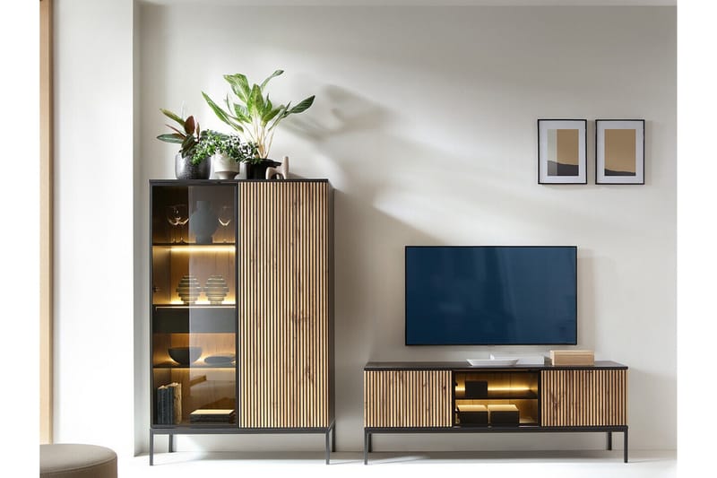 Klinkerville Möbelset Vardagsrum - Tv bänk & Vitrinskåp med Belysning - Svart Trä / Brun / Ribbad / Glas - Förvaring - Förvaringsmöbler - Möbelset för vardagsrum