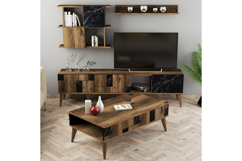 Vardagsrumsmöbelset Moyano 180 cm - Mörkbrun/Svart - Möbelset för vardagsrum