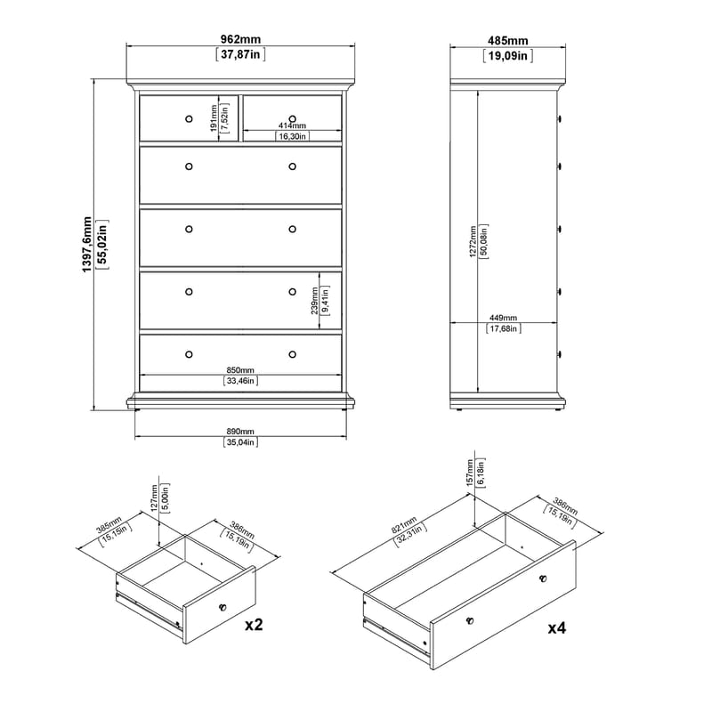 Paris Byrå med 6 lådor 96x48x140 cm - Förvaring - Förvaringsmöbler - Byrå