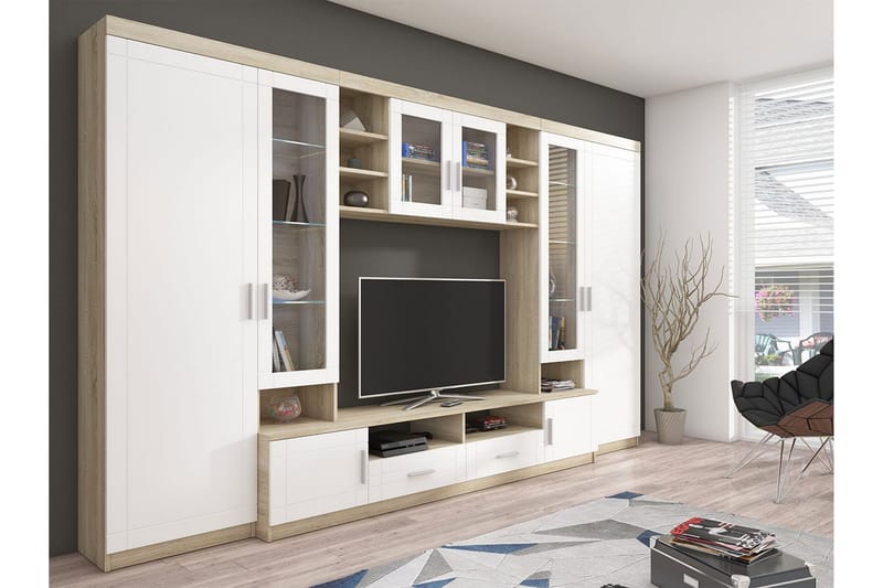 Paris Vardagsrumsset 340x44x197,5 cm - Ek/Vit Led-Belysning - Förvaring - Förvaringsmöbler - Möbelset för vardagsrum