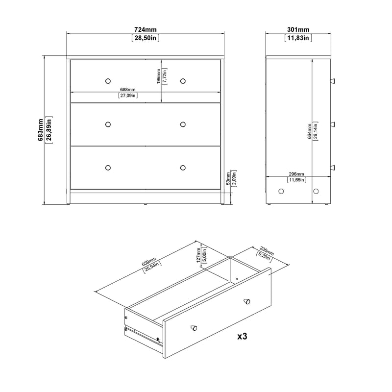Renor Byrå 3 lådor 72x30x68 cm - Förvaring - Förvaringsmöbler - Byrå