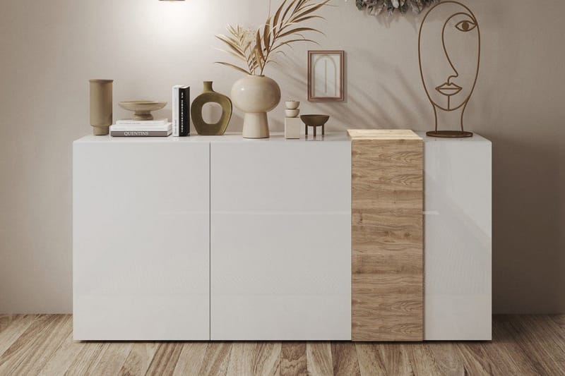 Sideboard Venesa 44x181x86 cm - Vit/Natur/Högglans - Sideboard & skänk