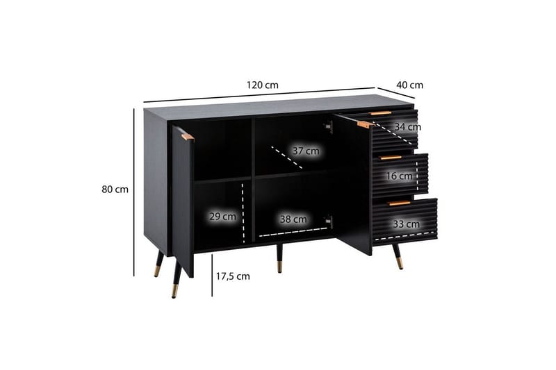Sideboard Wohnling Folierad spånskiva ekoptik 120 cm 2 dörrar 3 lådor modern - Möbler - Bord & matgrupp - Avlastningsbord & sidobord - Lampbord & sidobord
