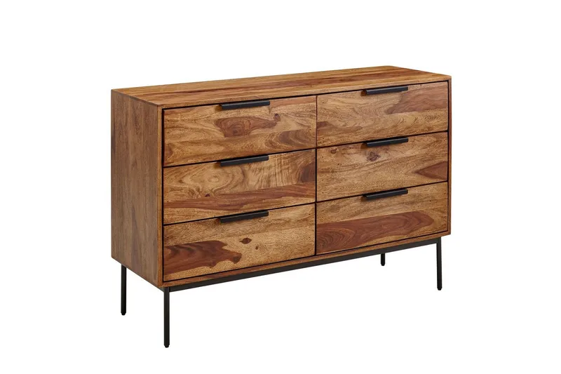 Sideboard Wohnling Massivt trä 117 cm 6 lådor filigrant metallben lantligt stil
