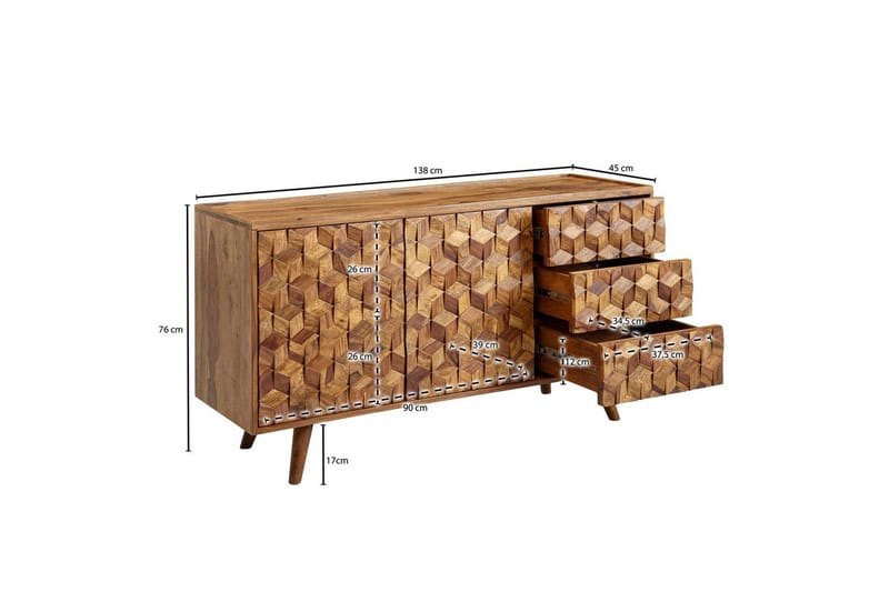 Sideboard Wohnling Massivt trä 3D kub-look front 138 cm Lantlig stil - Möbler - Bord & matgrupp - Avlastningsbord & sidobord - Lampbord & sidobord