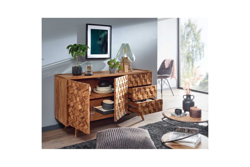 Sideboard Wohnling Massivt trä 3D kub-look front 138 cm Lantlig stil - Möbler - Bord & matgrupp - Avlastningsbord & sidobord - Lampbord & sidobord