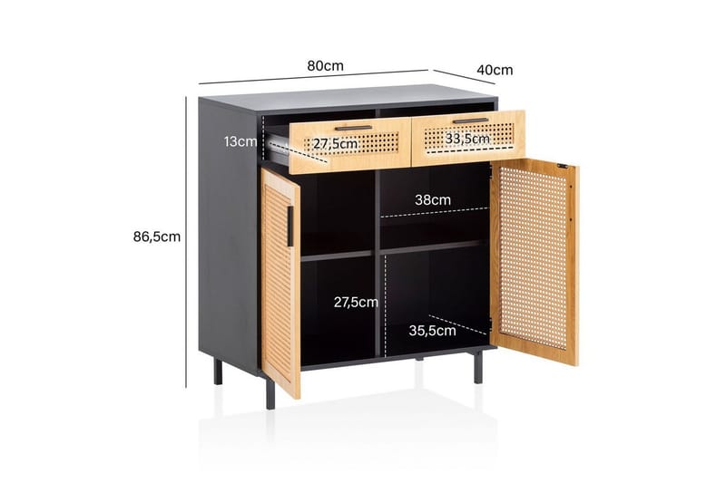 Sideboard Wohnling Melaminbelagd MDF 80 cm 2 dörrar 2 lådor med wienerflätning modern - Möbler - Bord & matgrupp - Avlastningsbord & sidobord - Lampbord & sidobord