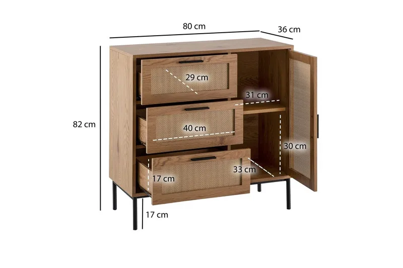 Sideboard Wohnling Melaminbelagd MDF-ekoptik, 3 lådor, 1 dörr med rottingfront Modern - Möbler - Bord & matgrupp - Avlastningsbord & sidobord - Lampbord & sidobord
