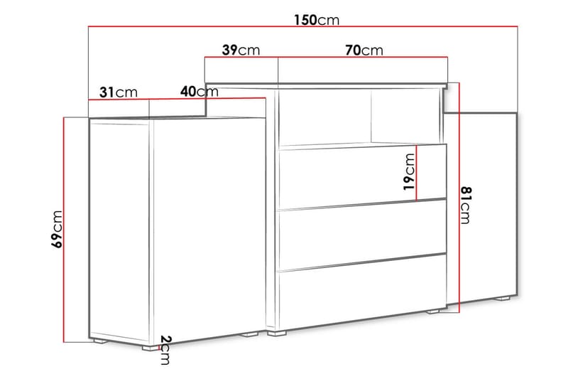 Urbanie Byrå 39x150 cm LED - Vit/Natur - Förvaring - Förvaringsmöbler - Byrå