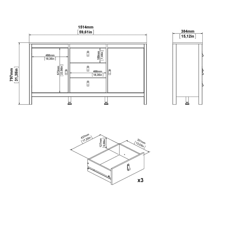 Vallvidera Sideboard med 2 dörrar och 3 lådor 151 cm - Förvaring - Förvaringsmöbler - Sideboard & skänk