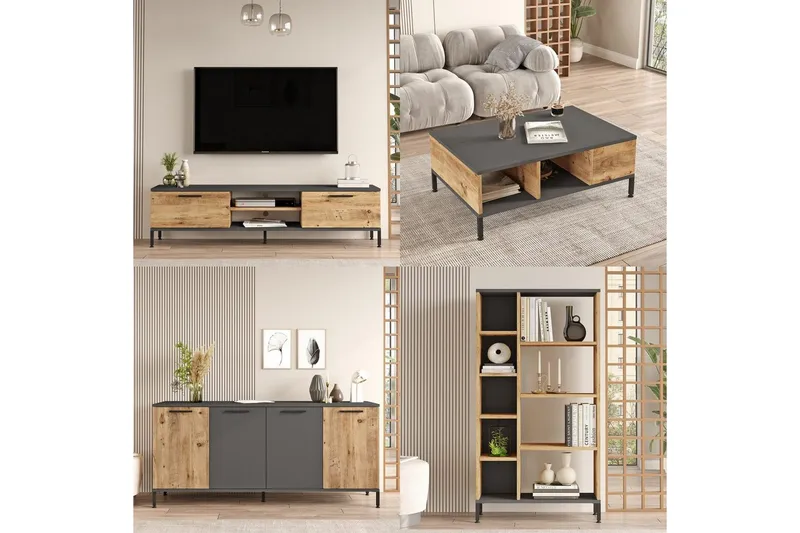 Vardagsrum Möbelset Zephral Atlantic Pine / Antracit - Natur/Antracit - Förvaring - Förvaringsmöbler - Möbelset för vardagsrum