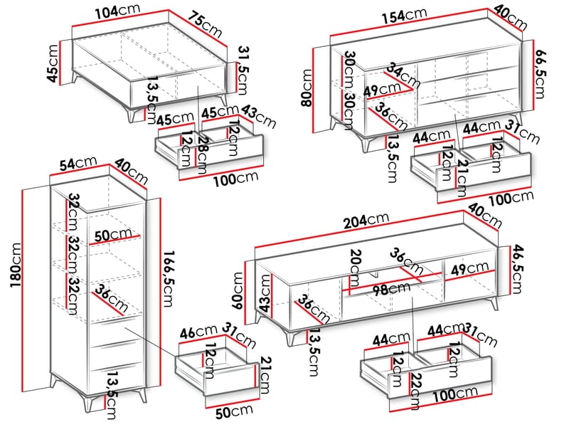 Vemdalen Möbelset vardagsrum - tv-bänk, bokhylla, skänk och soffbord - brun - Förvaring - Förvaringsmöbler - Möbelset för vardagsrum