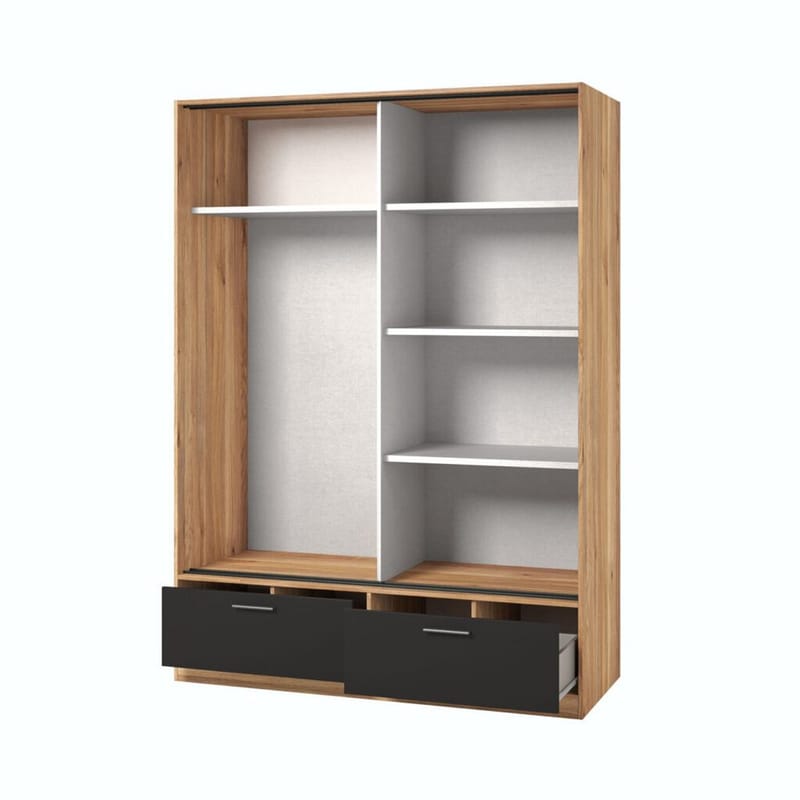 Garderob med spegel Beta 2 skjutdörr med 2 lådor - Mauvella ek - Svart - Förvaring - Garderober & garderobssystem