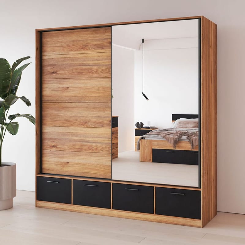 Garderob med spegel Beta 2 skjutdörr med 4 lådor - Förvaring - Garderober & garderobssystem