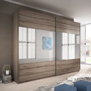 Garderob med spegel Galaxy 2 Skjutdörrar med Svart Glas - Mörk San Remo Ek, 270 cm - Förvaring - Garderober & garderobssystem