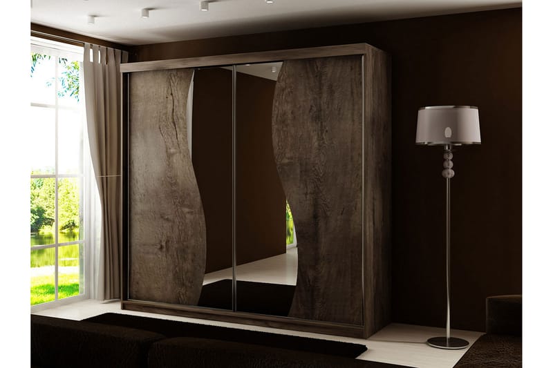 Garderob med Spegel Trissma LED-belysning Blå 200 cm Båge - Mörk Ask - Garderober & garderobssystem