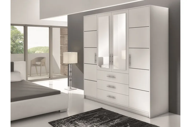 Escaldes Stor Garderob med Spegel 196 cm bred 200 cm hög - Vit - Förvaring - Garderober & garderobssystem